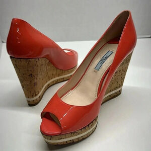 Prada Heels Peep Toe Wedges Espadrilles Cork Pump Shoes Coral Pink Size 38 US 8